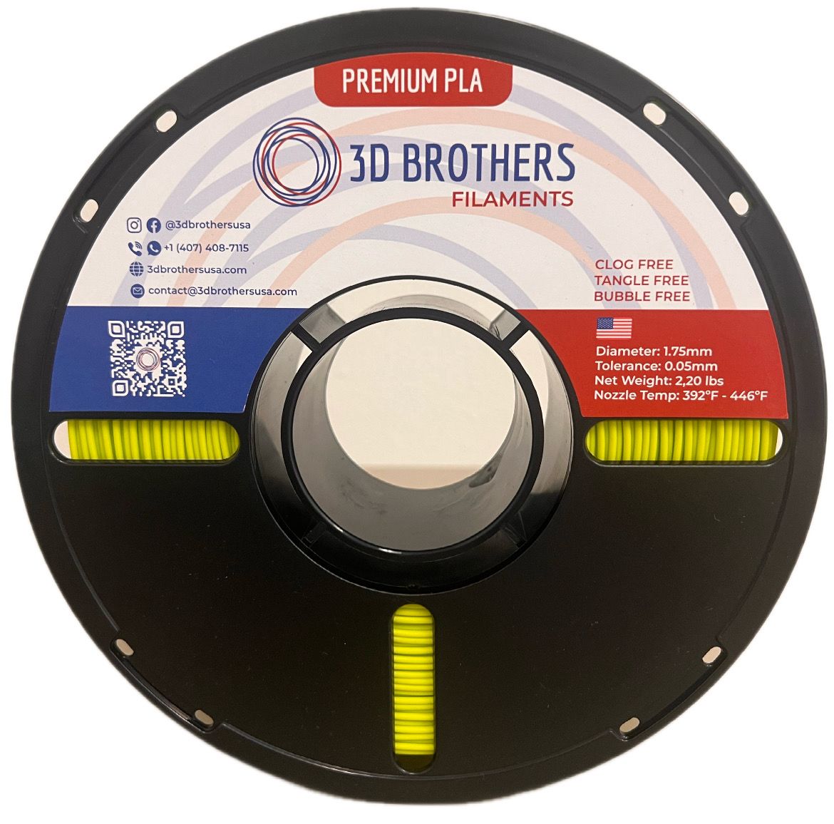High Speed PLA Filament 1.75mm YELLOW GREEN – Made in USA | 1kg Spool | 3D Brothers USA