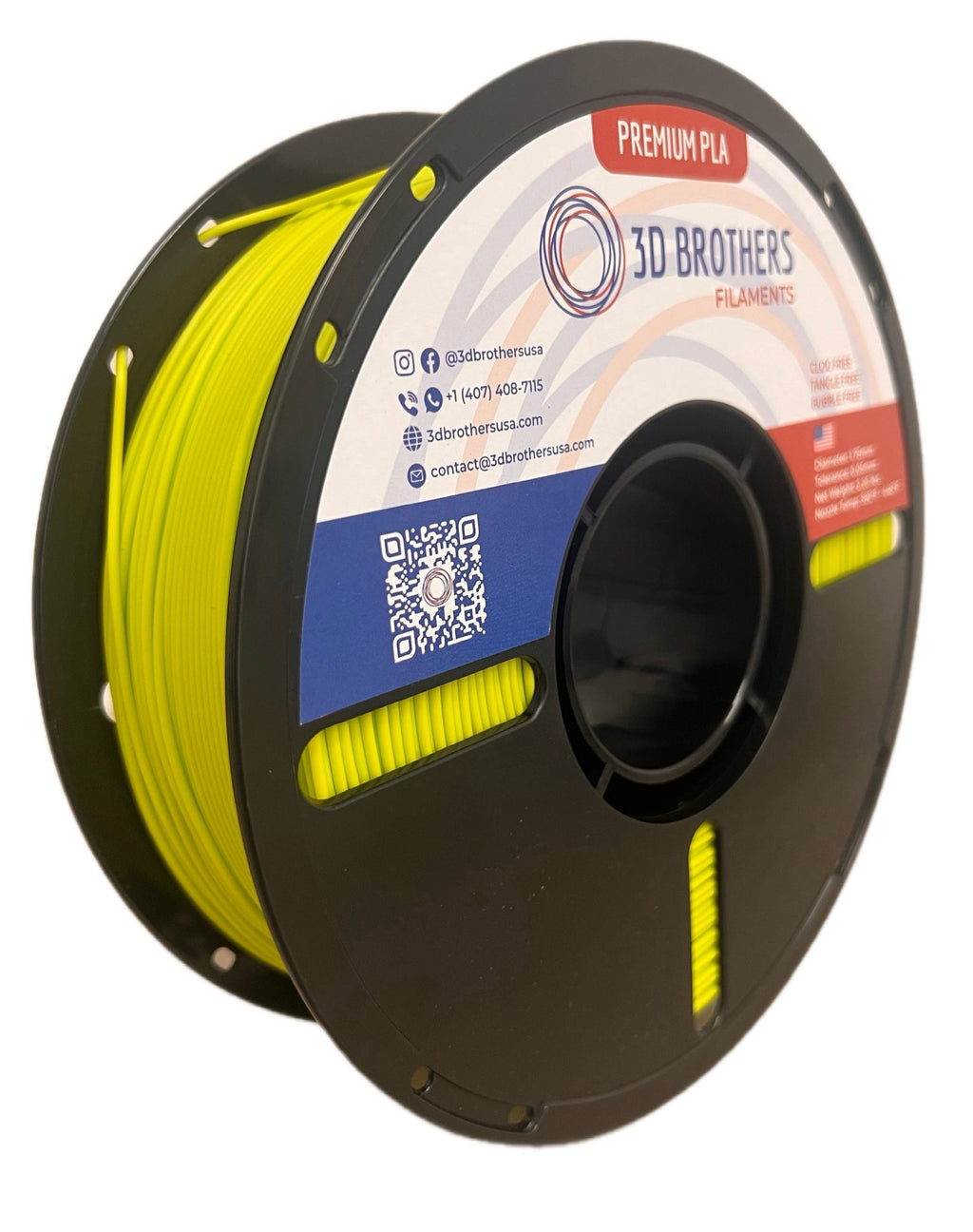 High Speed PLA Filament 1.75mm YELLOW GREEN – Made in USA | 1kg Spool | 3D Brothers USA